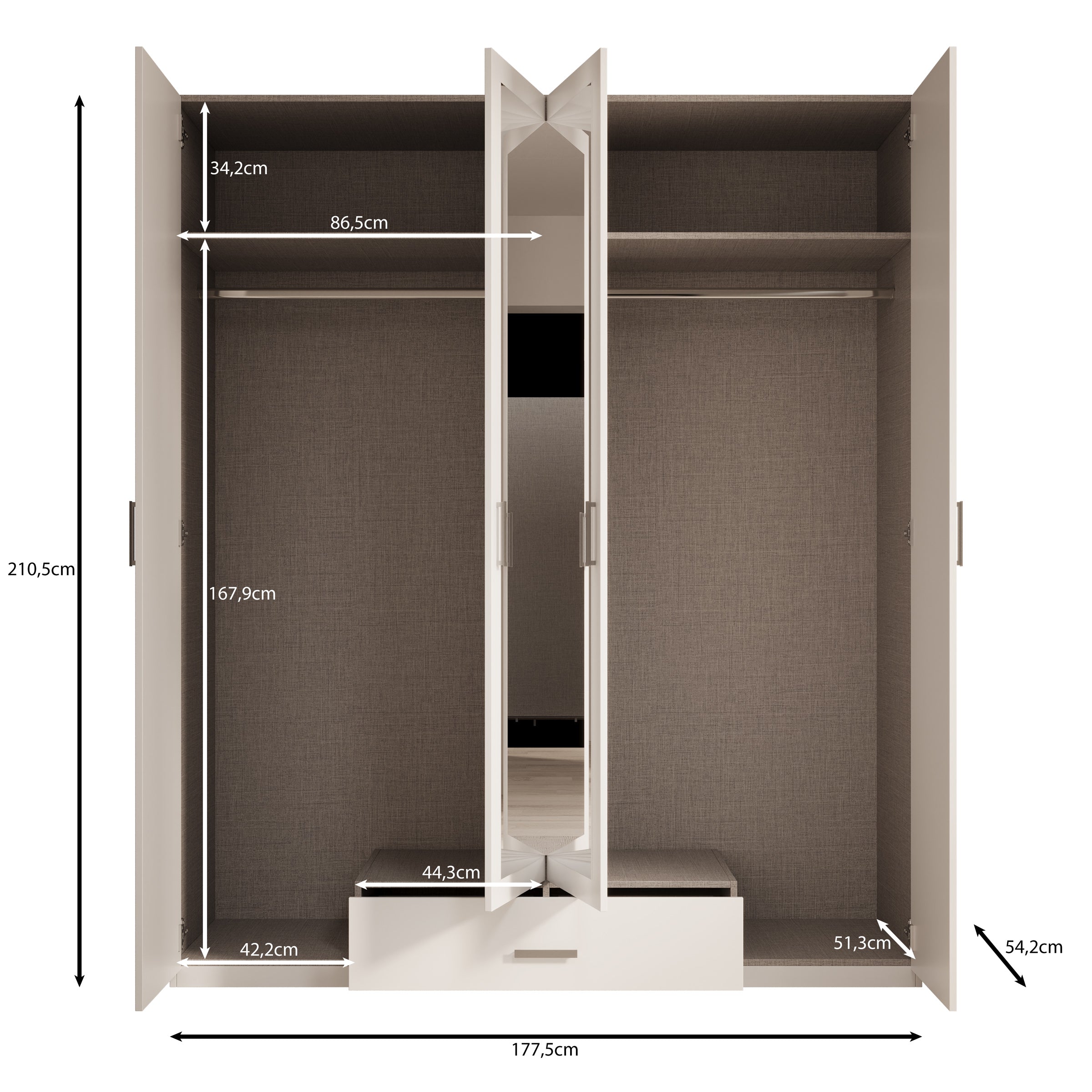 Enzio - Kledingkast 4 deurs met spiegel - Wit - 178x54x211 cm