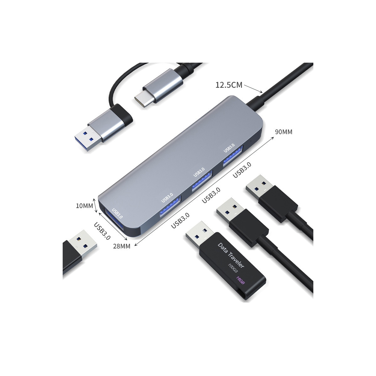 Dual Type-C USB A Hub med 4 USB3.0-porter