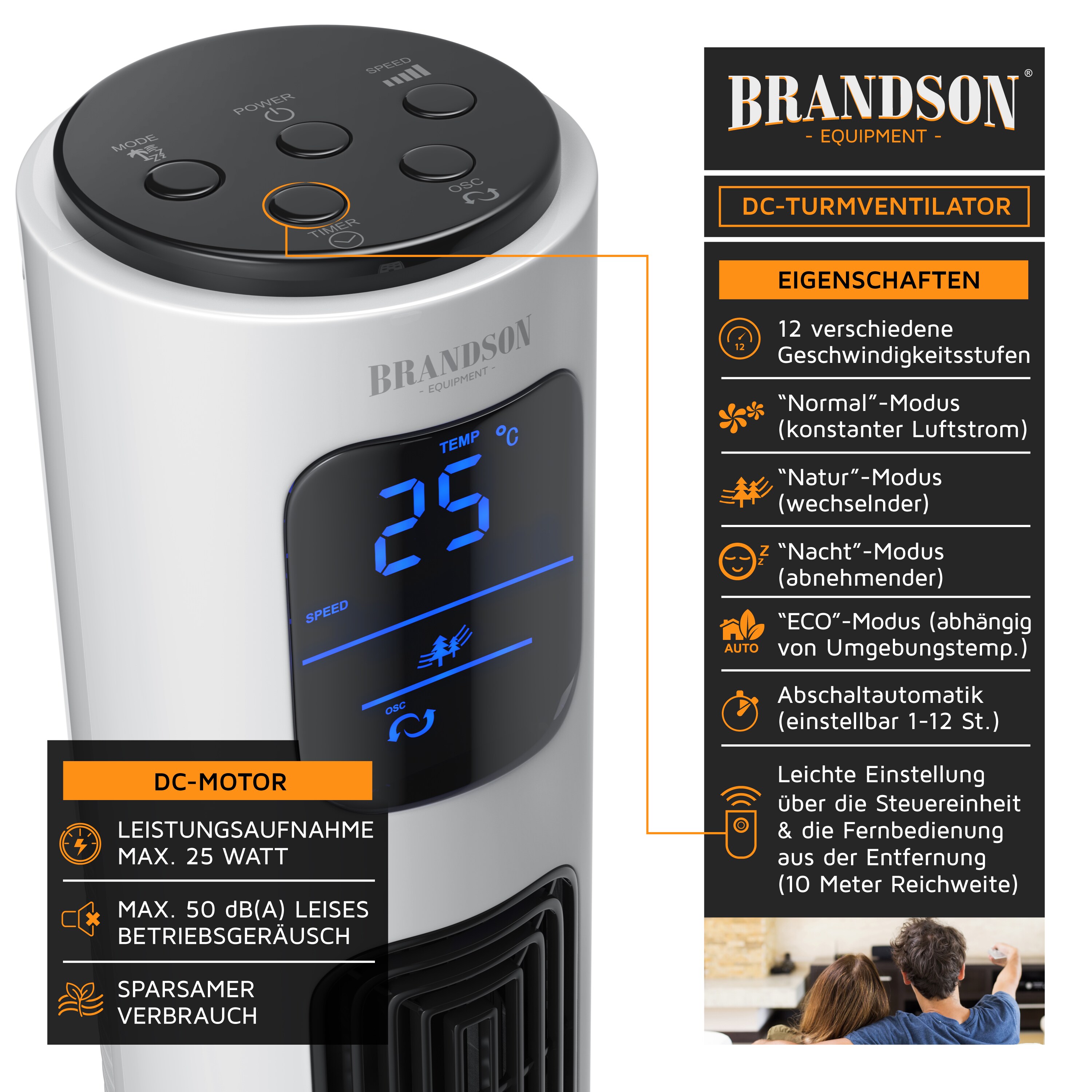 Brandson ECO Turmventilator Silent, 12 Leistungsstufen, Ventilator Standventilator mit DC-Motor, Timer, inkl. Fernbedienung, sehr leise