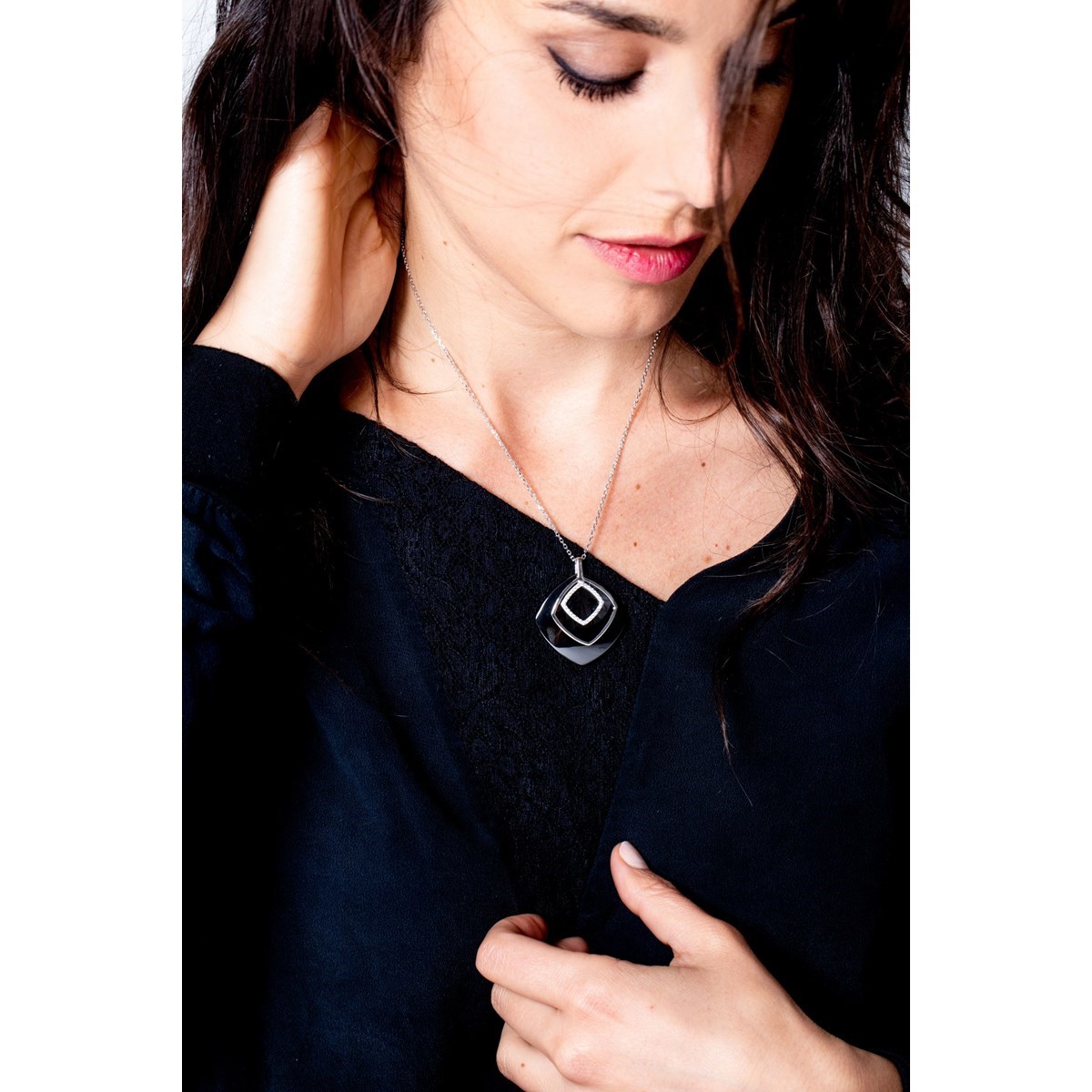Collier mono-motif en Argent 925 millièmes et céramique - blanc brillant