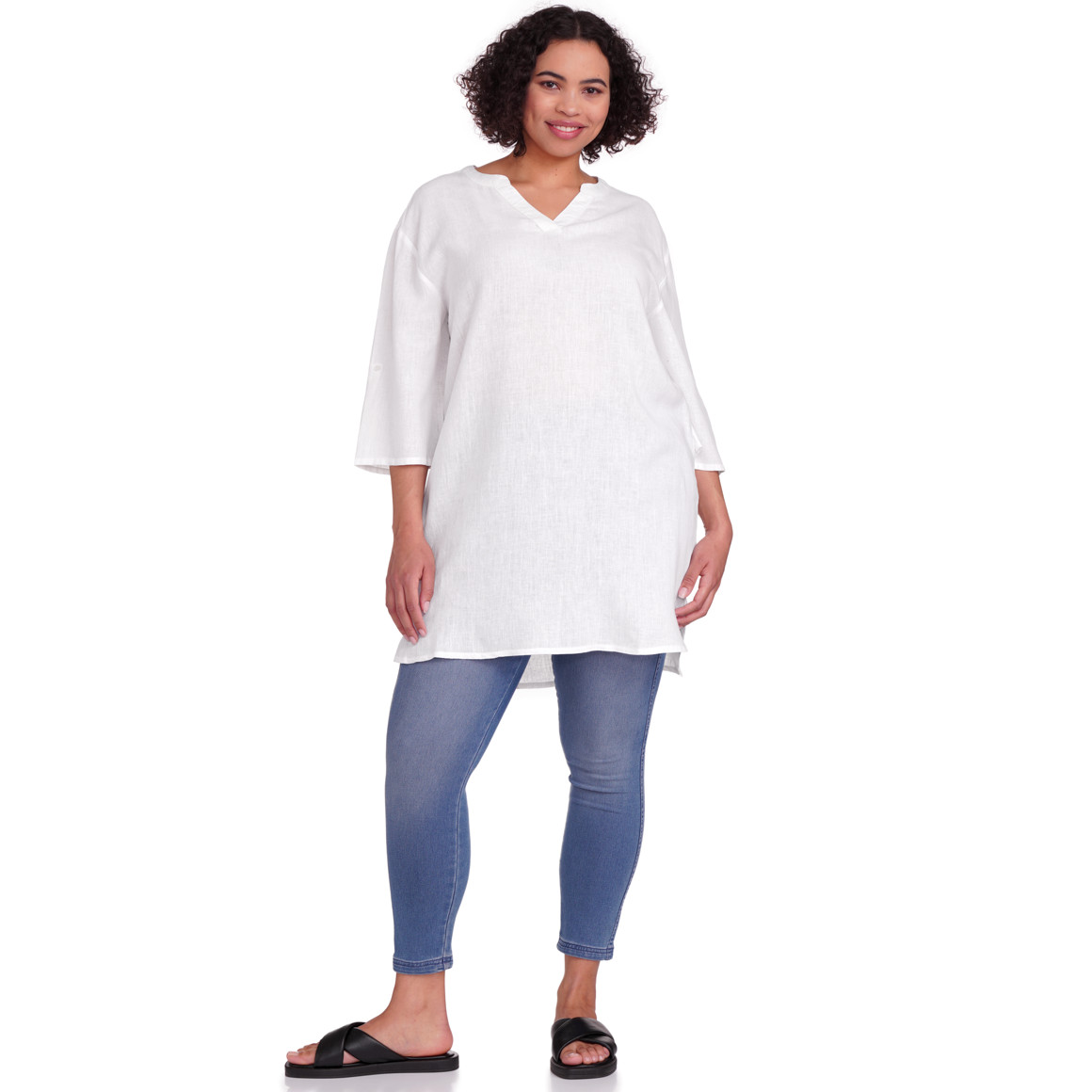 Gina Benotti Damen Leinen-Longbluse mit V-Ausschnitt weiss