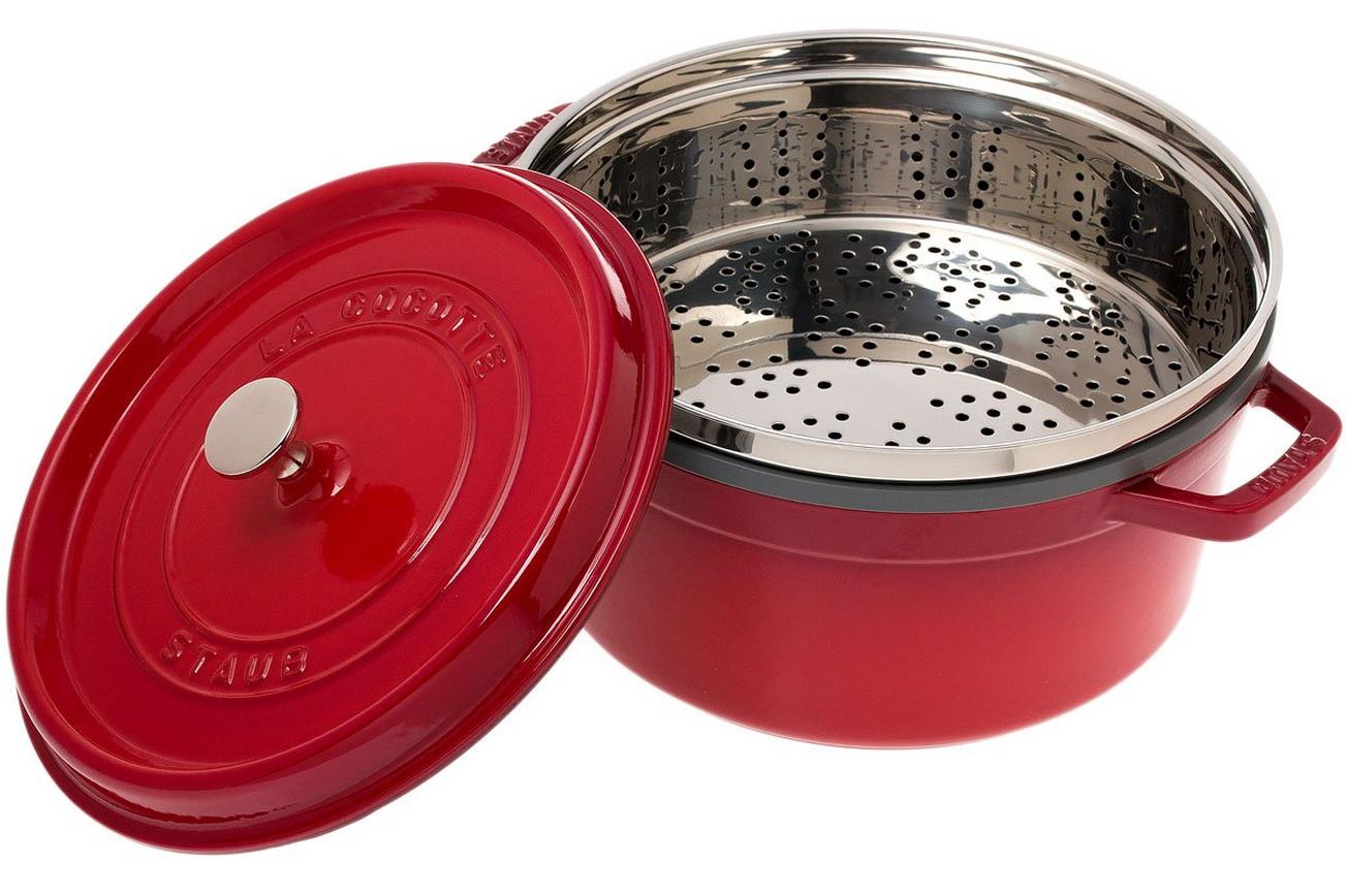 Staub braadpan - cocotte 26cm, 5,2L, rood met stoominzet