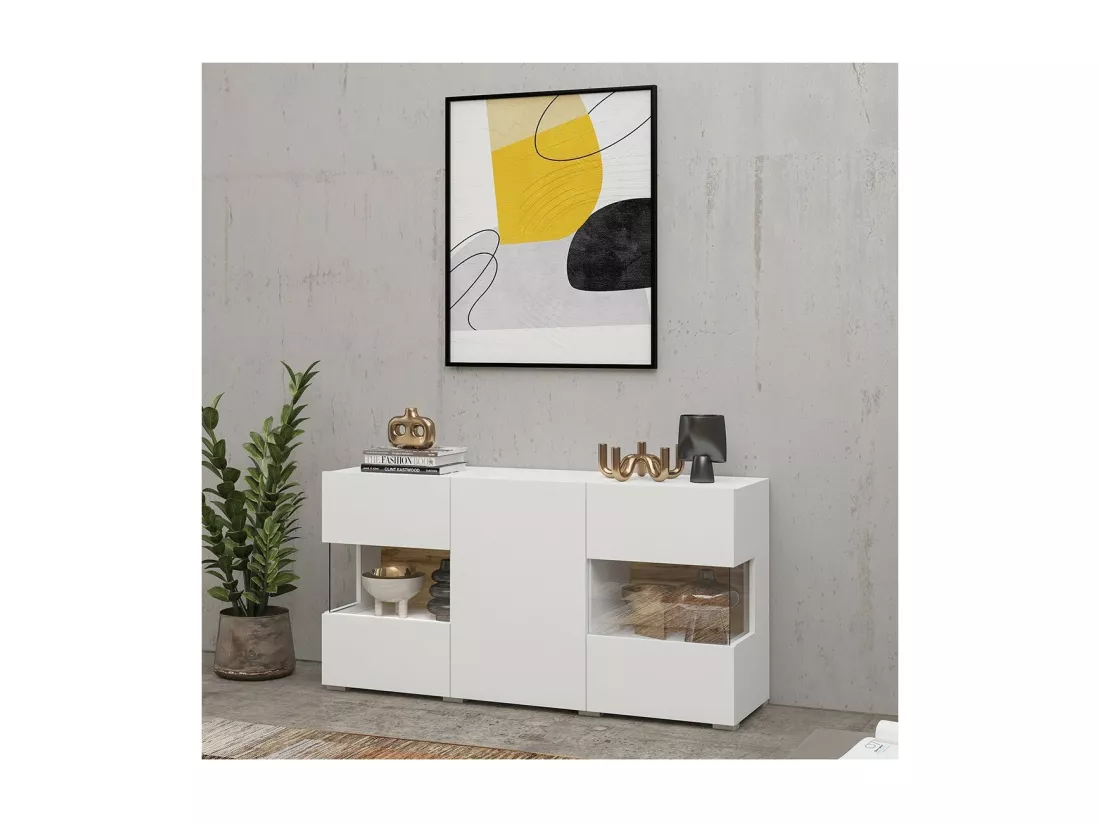 Buffet 120cm collection EVA 3 portes. Couleur blanc et chêne.
