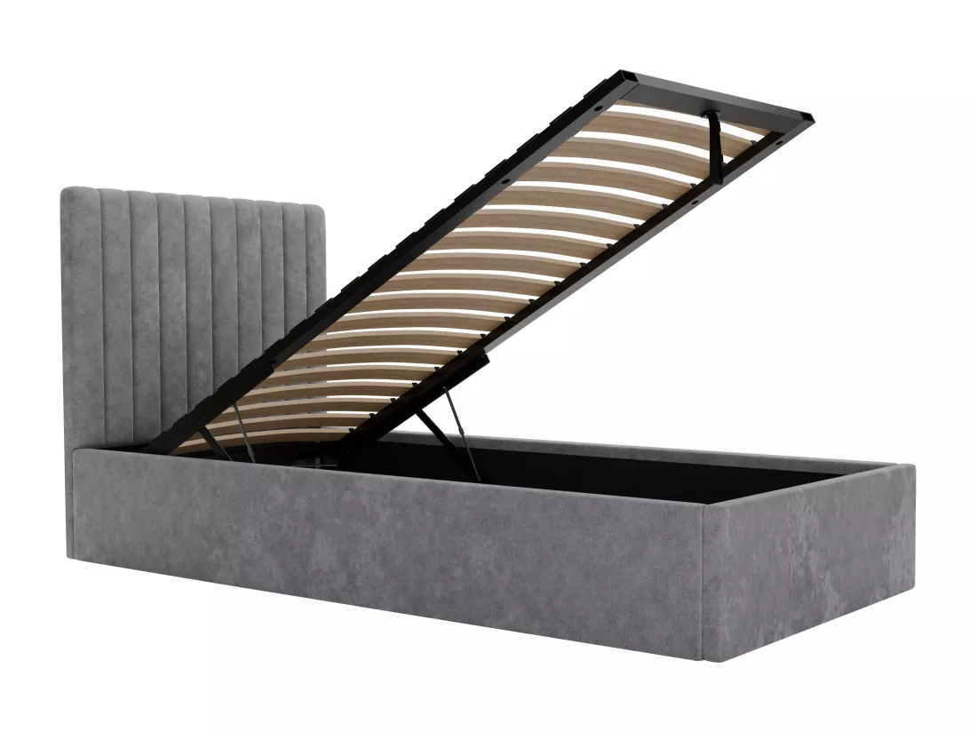 Lit coffre 90 x 190 cm avec tête de lit coutures verticales - Tissu - Gris - SARAH
