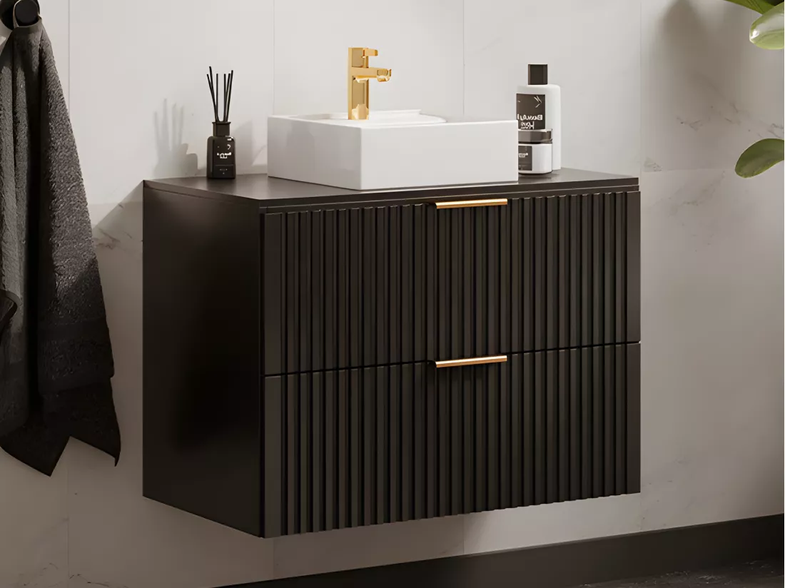 Meuble de salle de bain suspendu strié avec vasque à poser carrée - Noir - 80 cm - ZEVARA