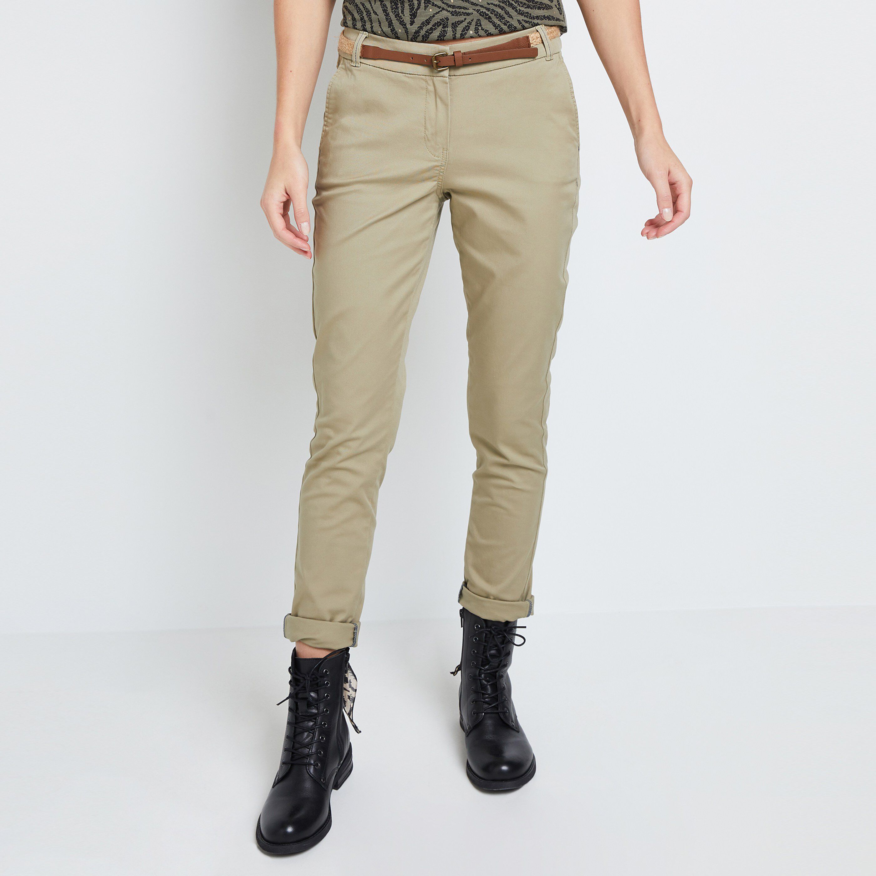Pantalon chino avec ceinture femme - KAKI