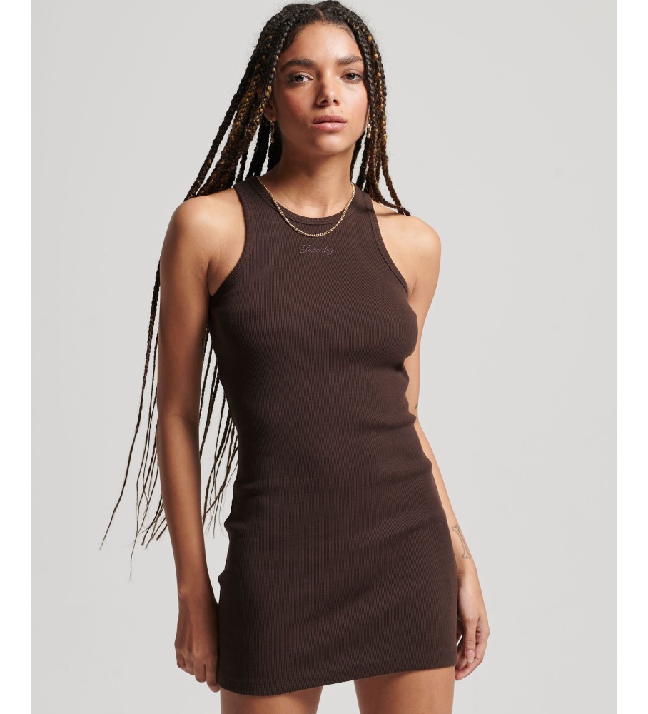 Vestido sem mangas Superdry Essential Code com logo, marrom