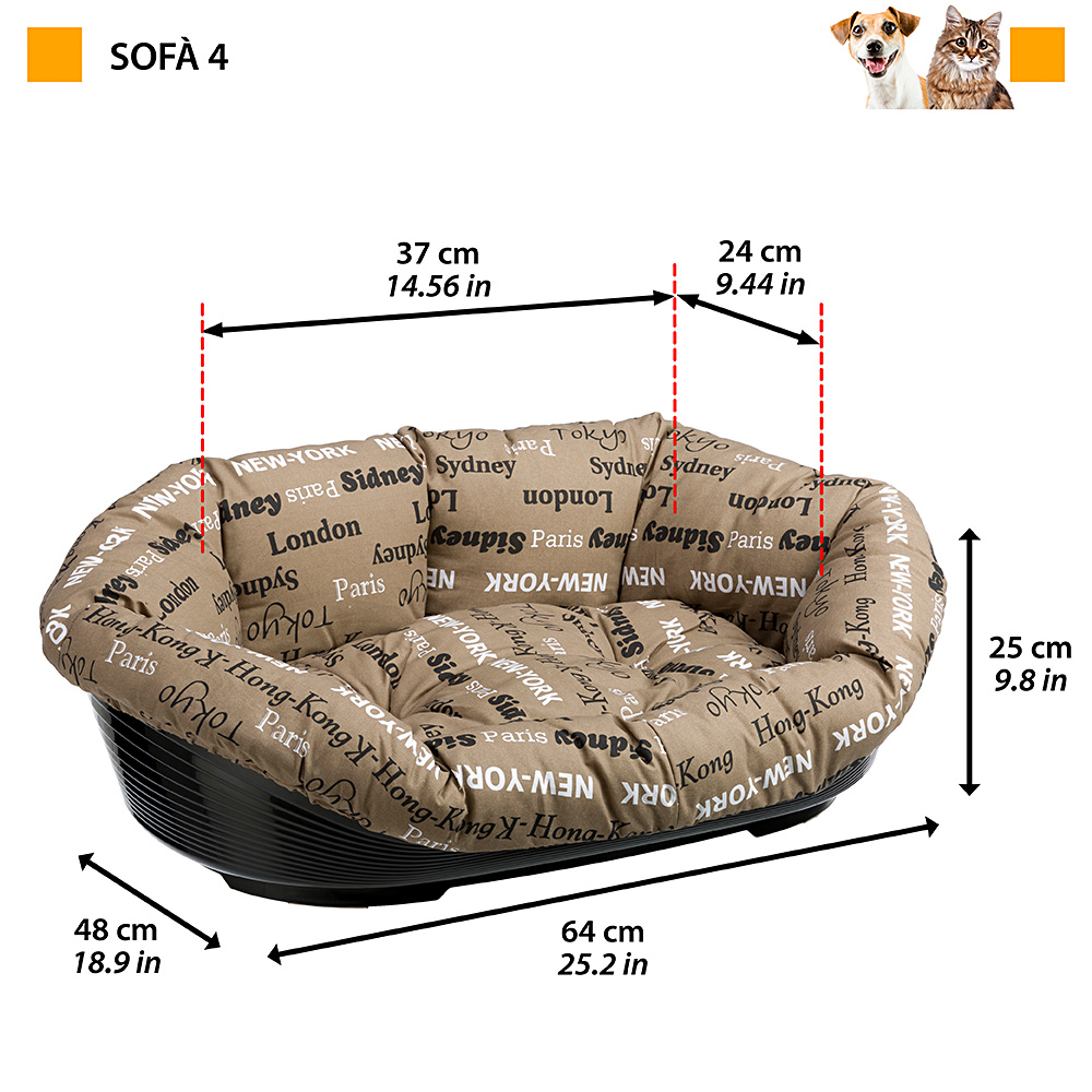 Ferplast panier chien et chat avec coussin sofa' 4 en coton lavable, lit pour chien et chat en plastique rembourré, corbeille en
