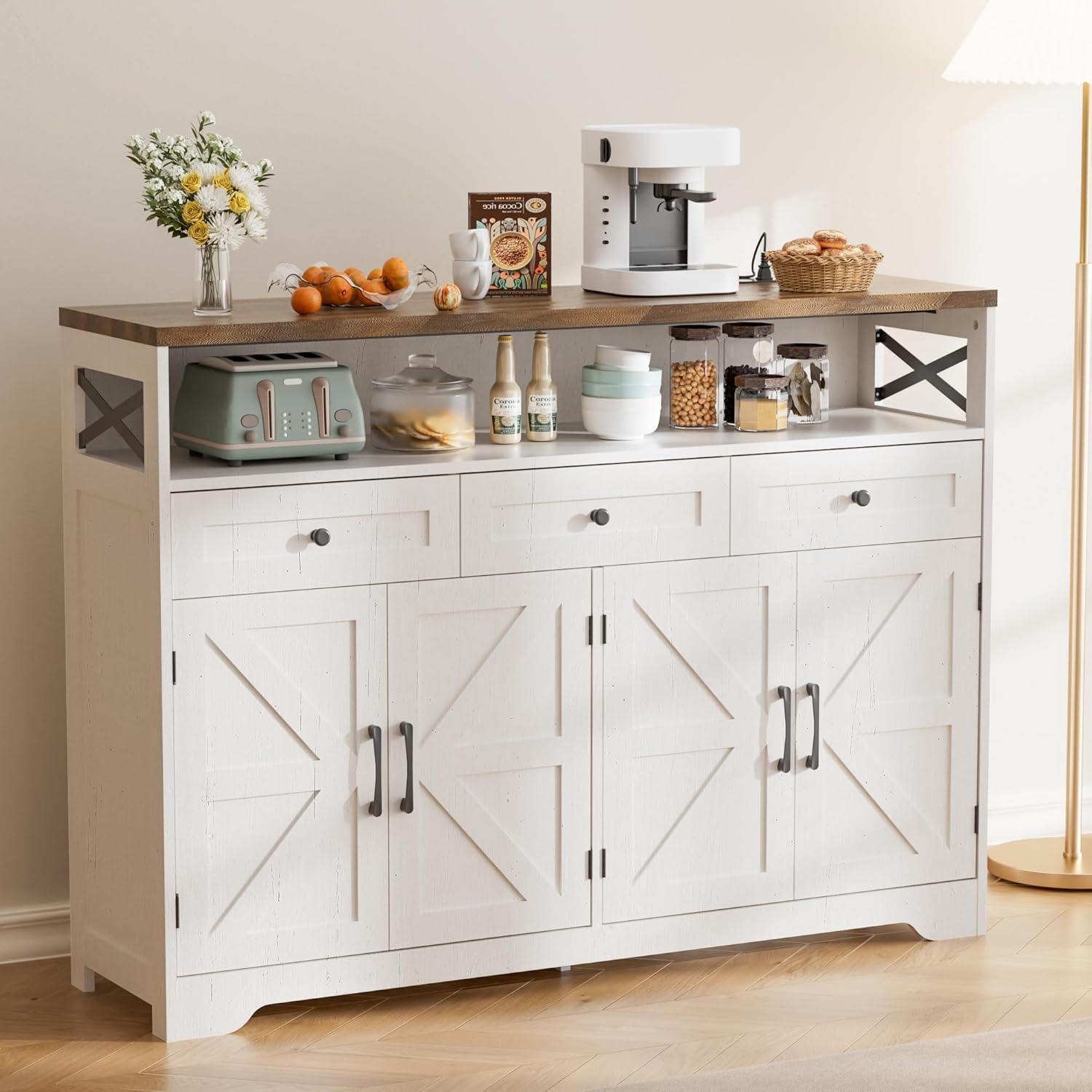 Sideboard, Küchenschrank mit Schubladen, Aufbewahrungsschrank, Anrichte mit Offenem Regal, Kaffeebar Schrank für Küche, Esszimmer, Wohnzimmer, 130 x 35 x 95cm, Cremeweiß in Holzoptik