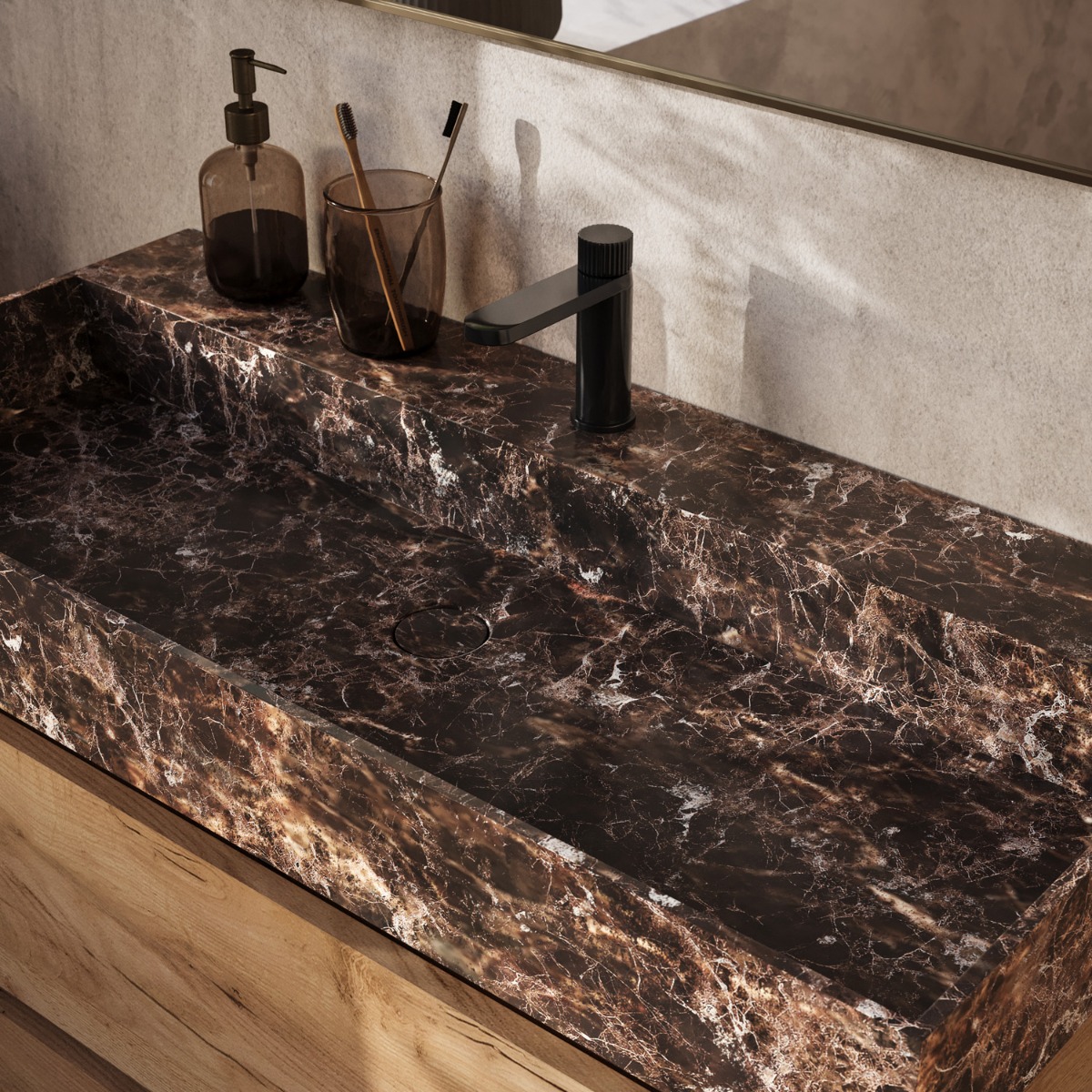 Saniclear Dark Emperador marmeren wastafel 80x46cm zonder kraangat