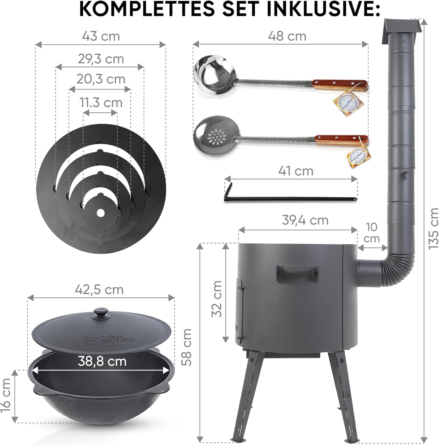 Utschak Uchag Feuerofen Ø 40 cm 2 mm Stahl Herdplatte 4mm Kazan 12 L runder Boden mit Thermometer Учак Учаг Uchag Asia (Set 506)