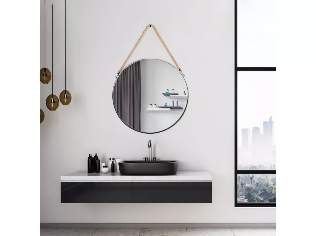 Miroir Rond Noir Anse Jonc 50cm