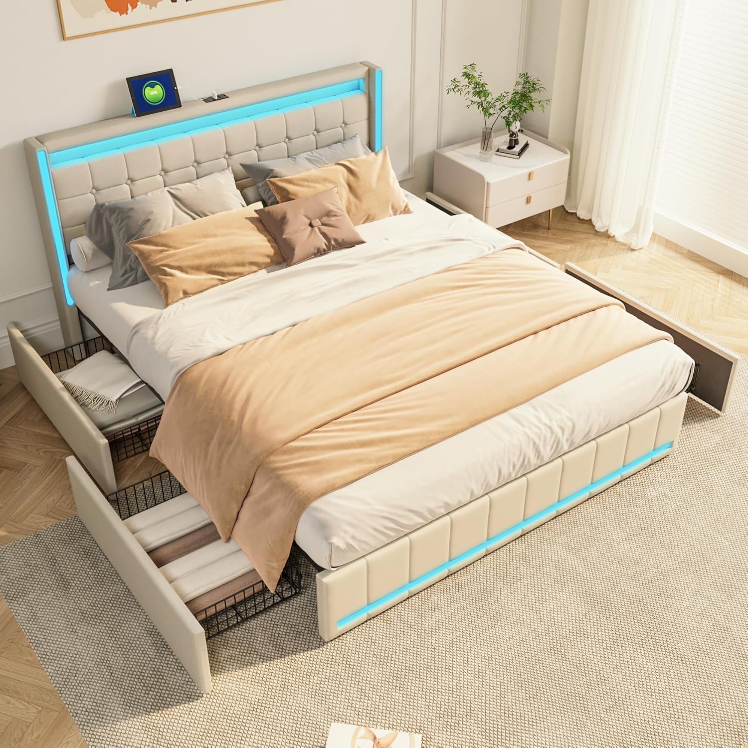 Polsterbett 140x200 cm mit LED-Kopfteil, Doppelbett mit USB-Ladefunktion und Lattenrost, 4 praktischen Schubladen und stilvollem Design, Ideal für Jugendzimmer und Moderne Räume, Ohne Matratze