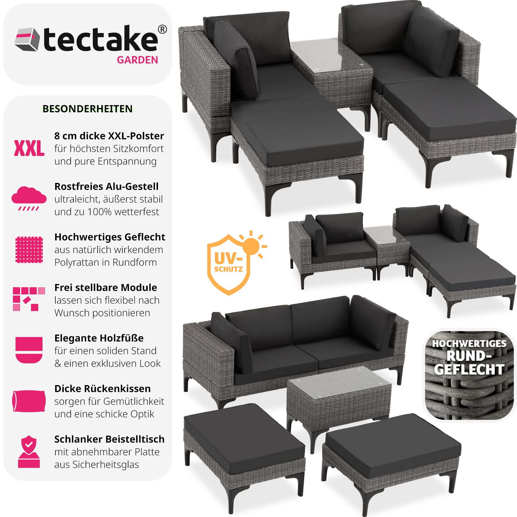tectake® Rattan Lounge, mit Aluminiumgestell, wetterfest und UV-beständig, mit Sicherheitsglasplatte