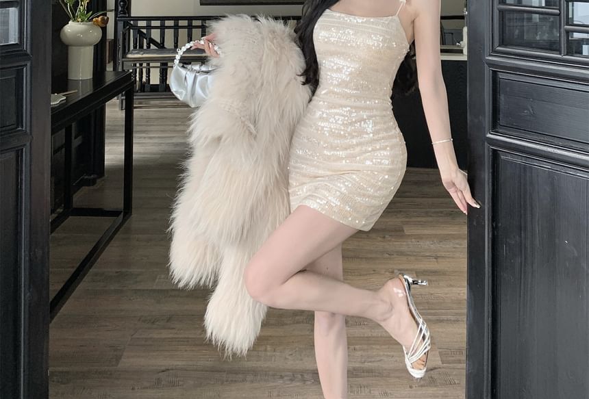 NENE - Bodycon mini-jurk met spaghettibandjes en pailletten en ruches