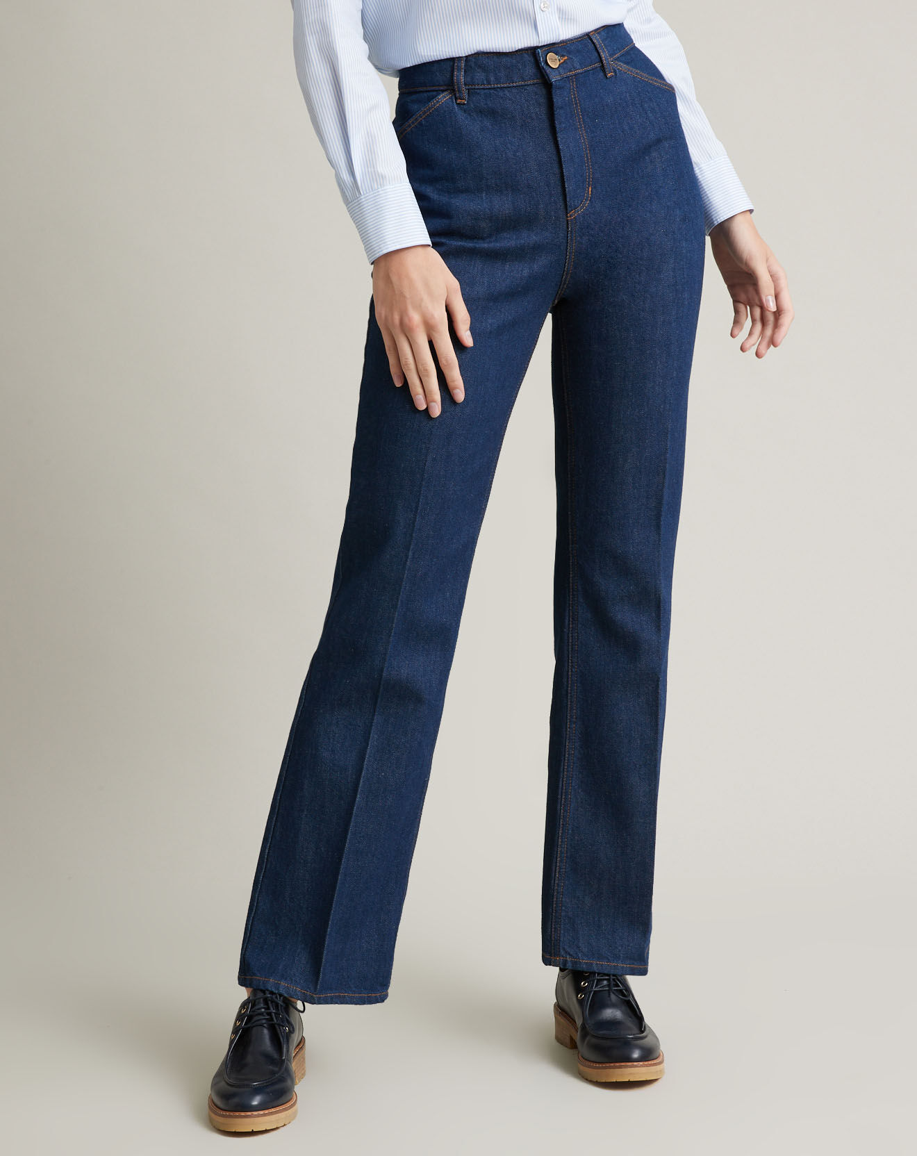 Cyrillus Jean évasé 100% Coton Bio délavé bleu foncé