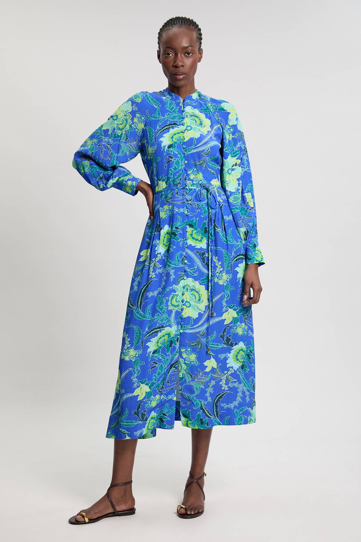 KarenMillen Robe Chemise Midi En Viscose Tissée À Imprimé Floral Cobalt