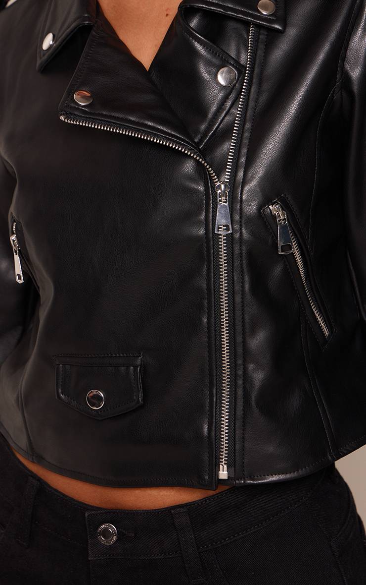 Noir Veste De Motard Basique En Synthétiquecuir Avec Détails De Poches