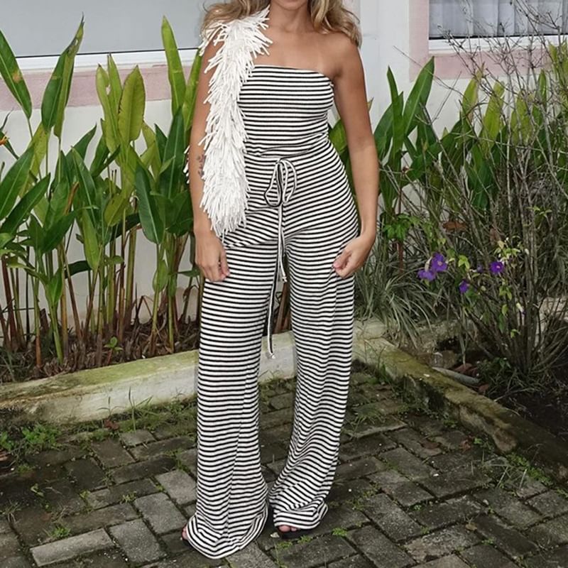 Sosana - Mouwloze gestreepte jumpsuit met strikceintuur en wijde pijpen