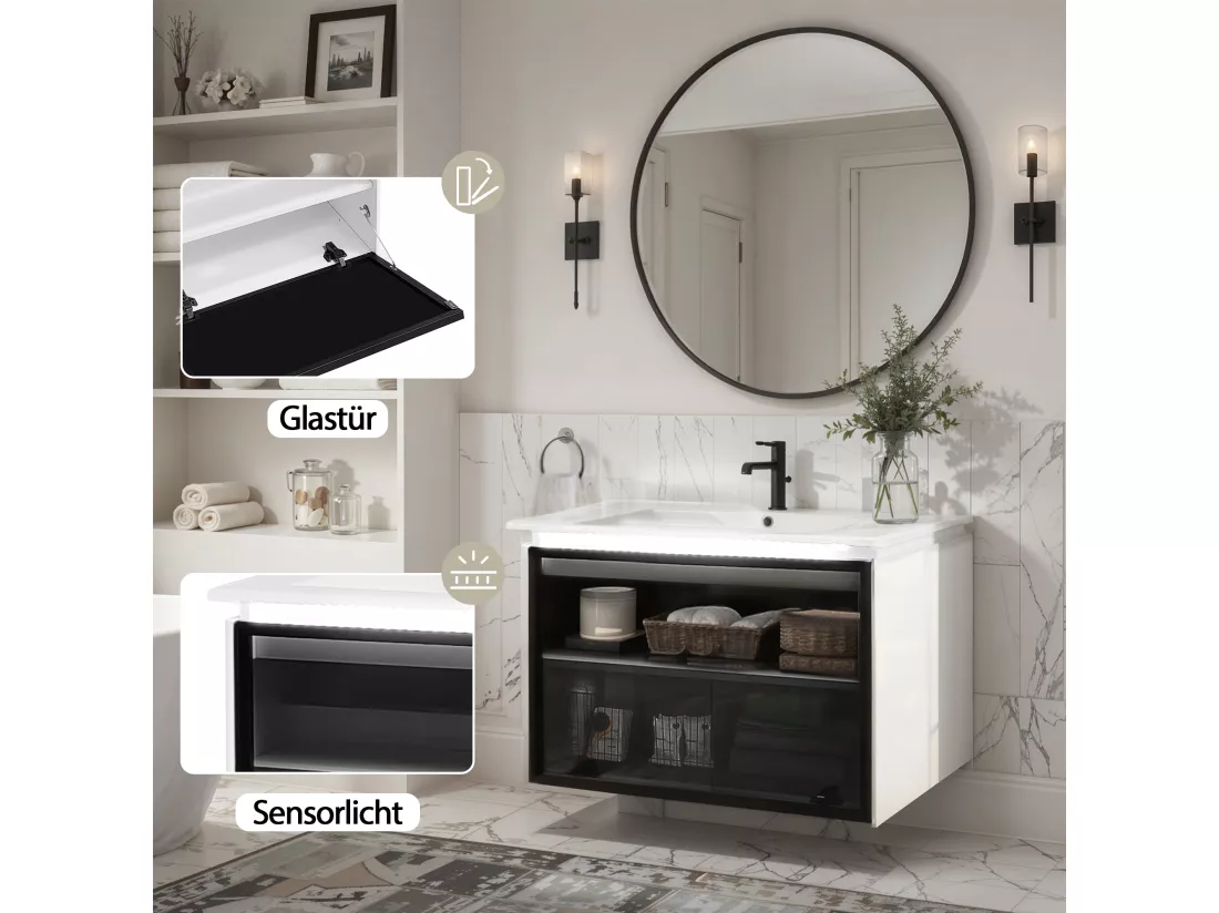 Meuble de salle de bain vasque simple avec porte en verre - 61.5 x 46.5 x 47 cm - Bois MDF - Lampe à induction - Blanc + noir