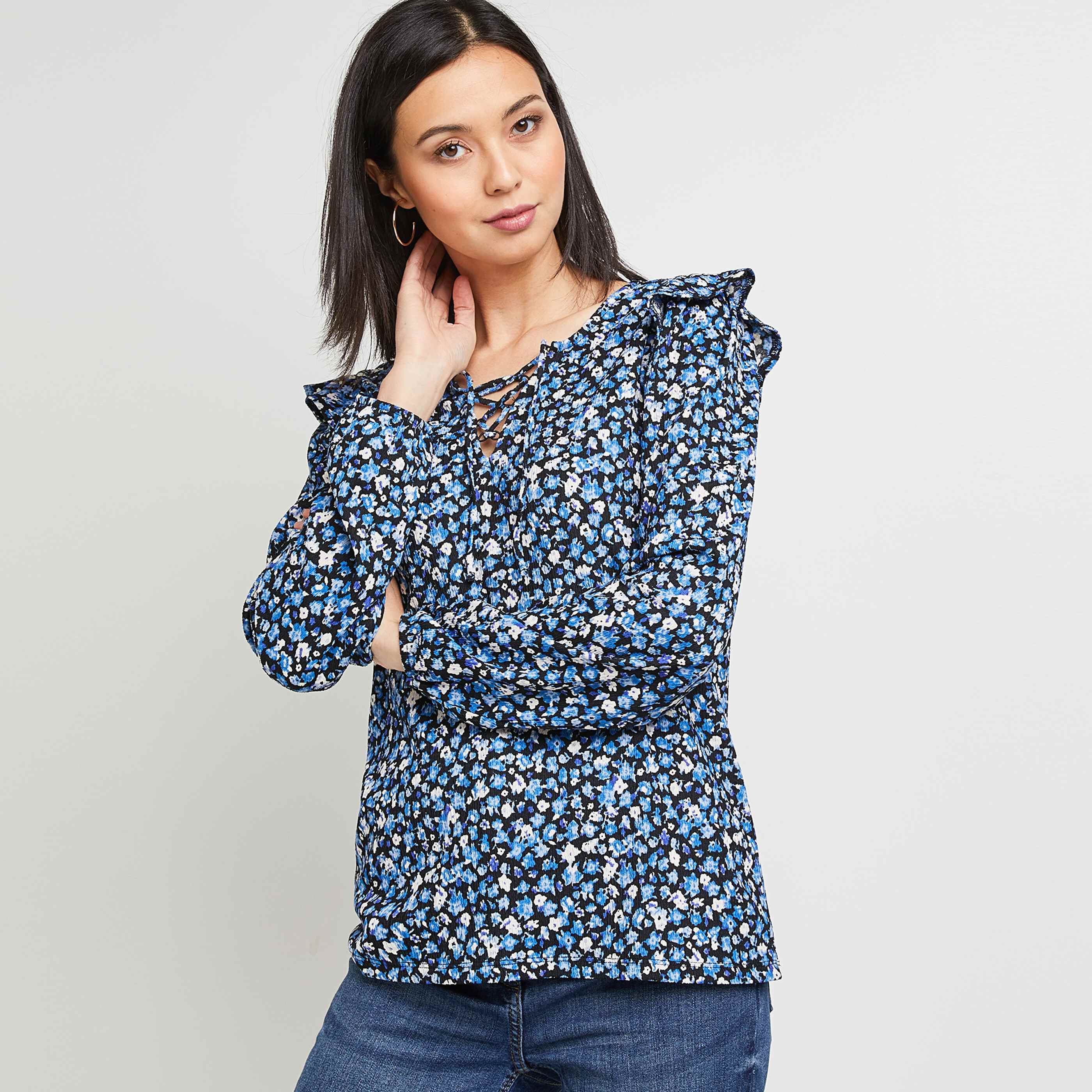 Blouse froissée imprimé fleurs - BLEU