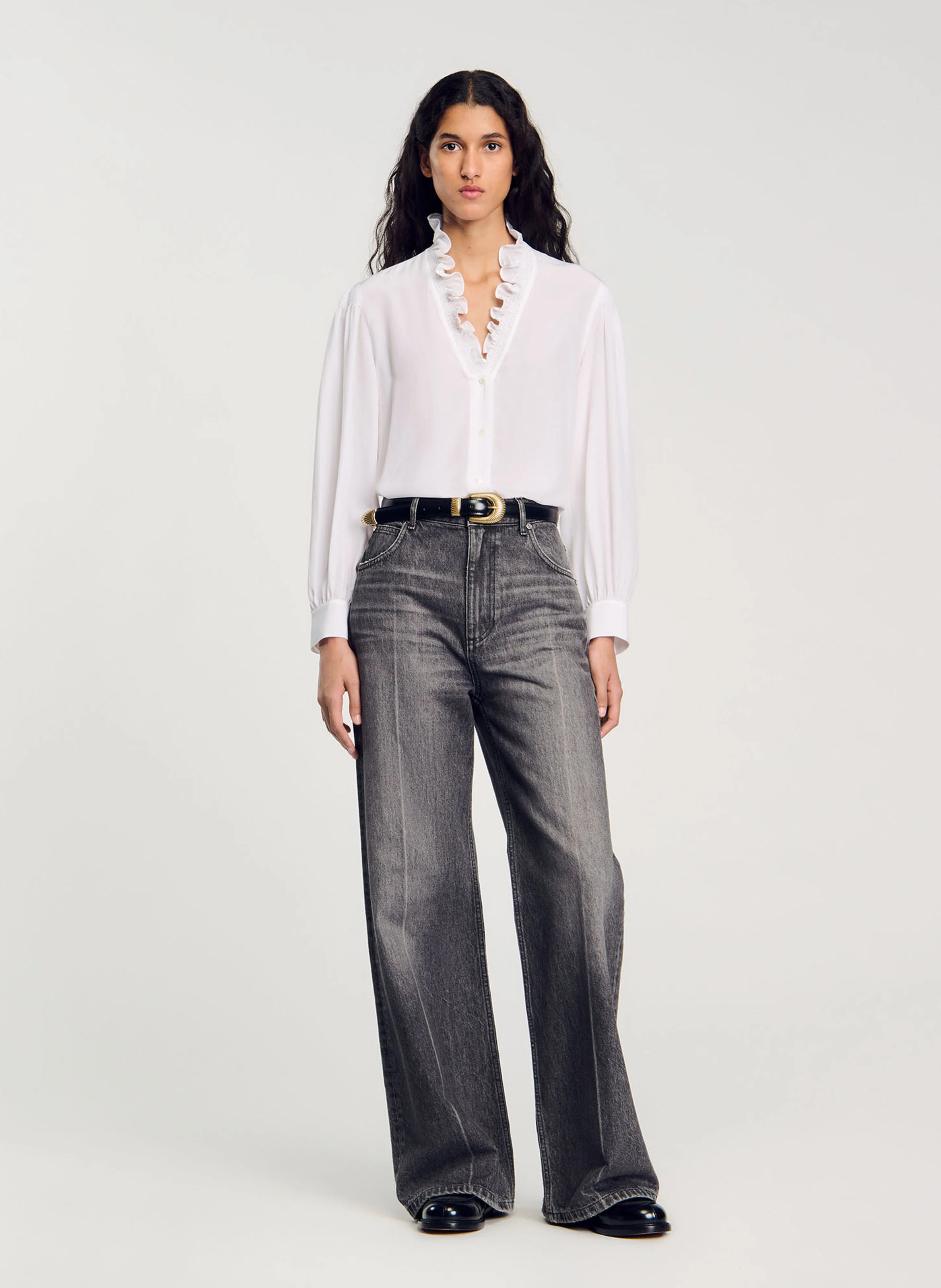 Chemise droite col V en soie | Blanc