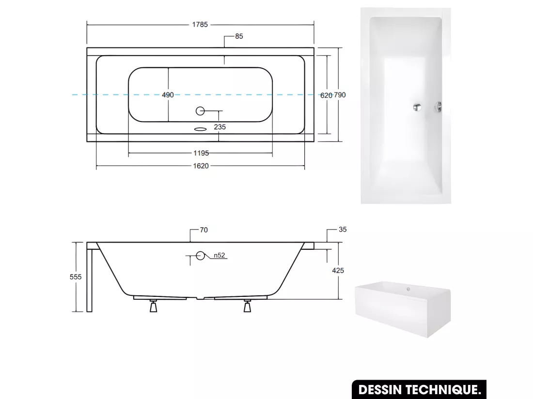 Baignoire rectangulaire - avec Tablier Blanc et Repose Tête OFFERT | QUADRO | 180 x 80 cm