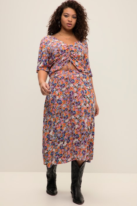 Midirock, A-Line, Flower Print, Fake-Knopfleiste