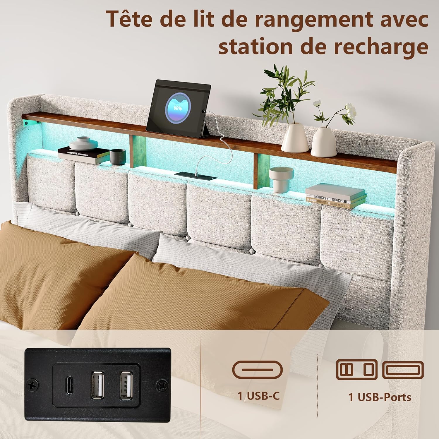Doppelbett, gepolstert, 140 x 200 cm, Polsterbett mit 4 Schubladen, Boxbett mit Stauraum und Lattenrost, Kopfteil mit LED und USB, Bettgestell für Erwachsene, Jugendliche, Leinen (Beige, 140 x 200 cm)
