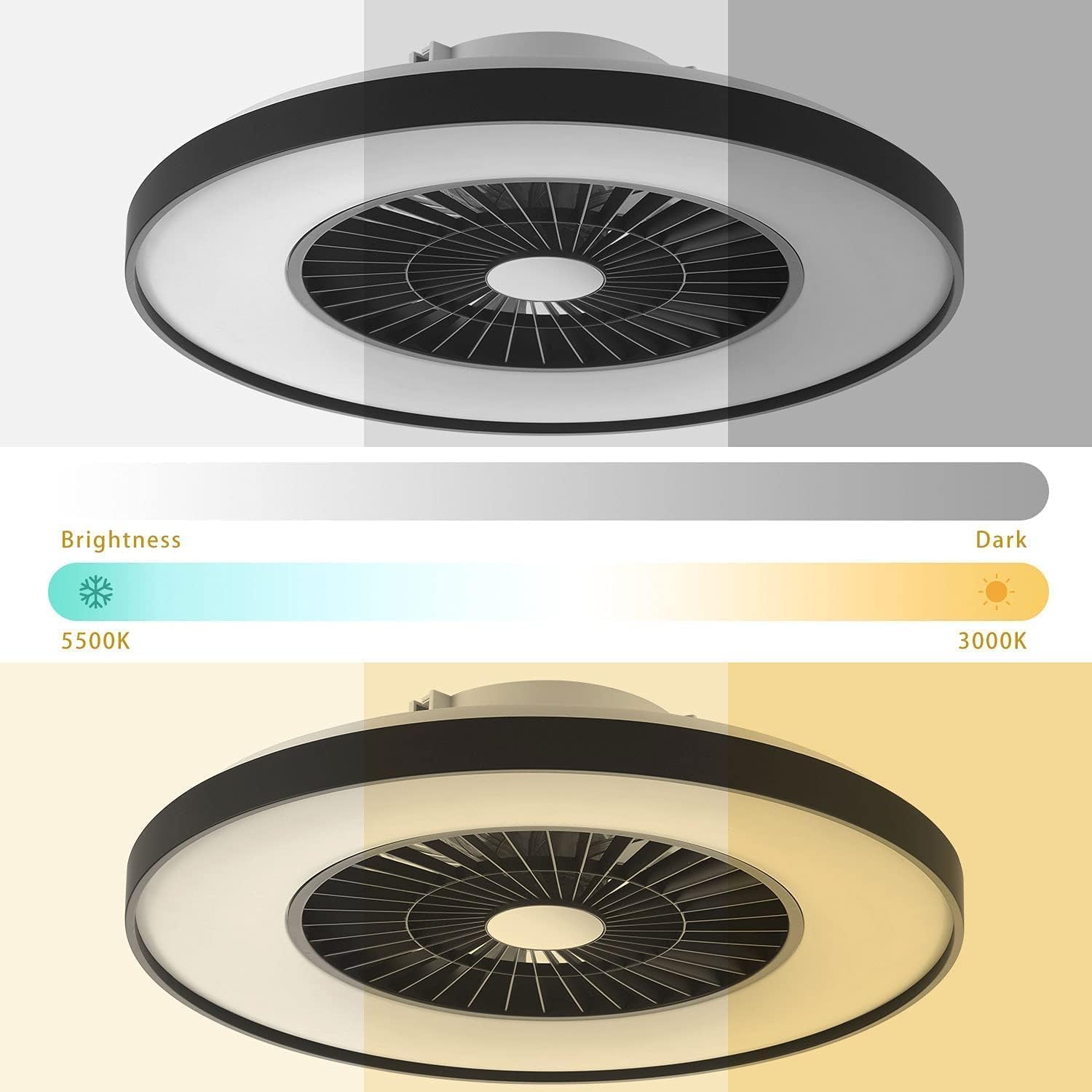 moderne RGB-LED-Deckenleuchte mit Ventilator Ø 60cm, RGB Deckenventilator mit Lampe, Stufenlos Lüftungsgeschwindigkeiten, mühelose Lichtdimmung, 3000-5500 K, Schwarz, 60CM
