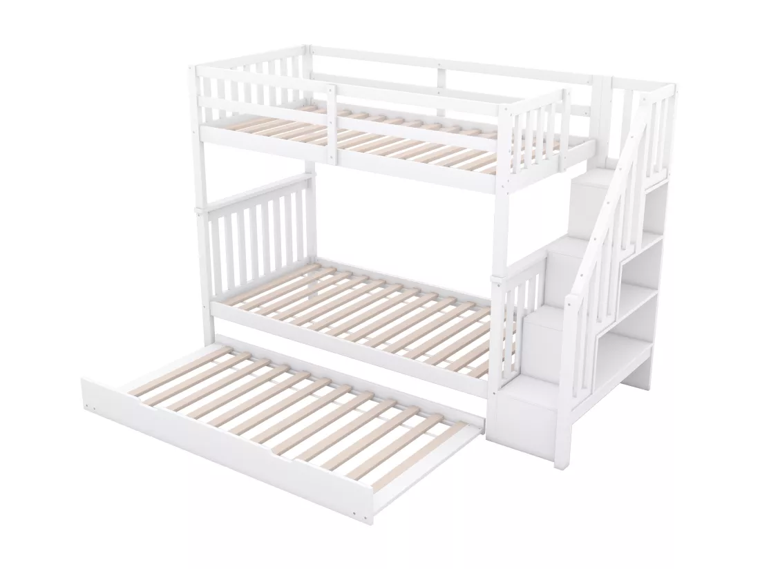 Lit superposé pour enfants, cadre escalier, avec lit gigogne, barrières hautes, blanc, 90*200 cm