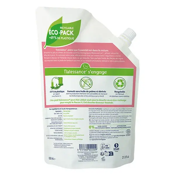 Gel de Banho Suave Natessance com Amêndoa e Pêssego Orgânicos, Refil Ecológico 650ml