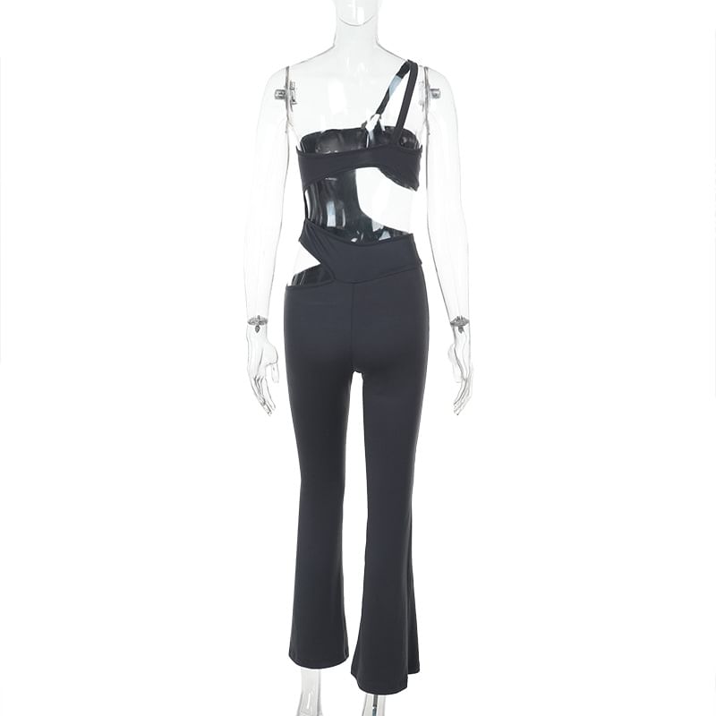 Alizio - Mouwloze jumpsuit met één schouder, effen uitgesneden, open rug en uitlopende pijpen