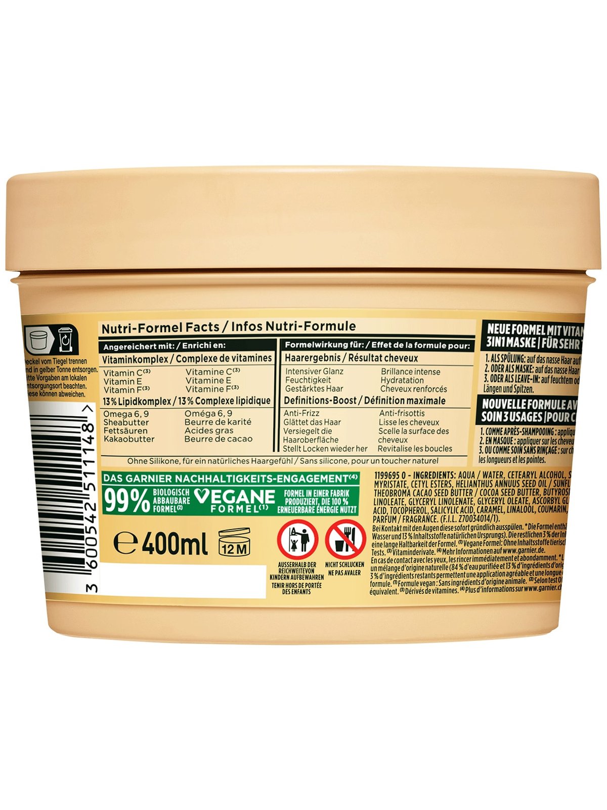 FRUCTIS Fructis Definierendes Kakao Butter Hair Food 3in1 Haarmaske für trockenes und lockiges Haar 400 ml