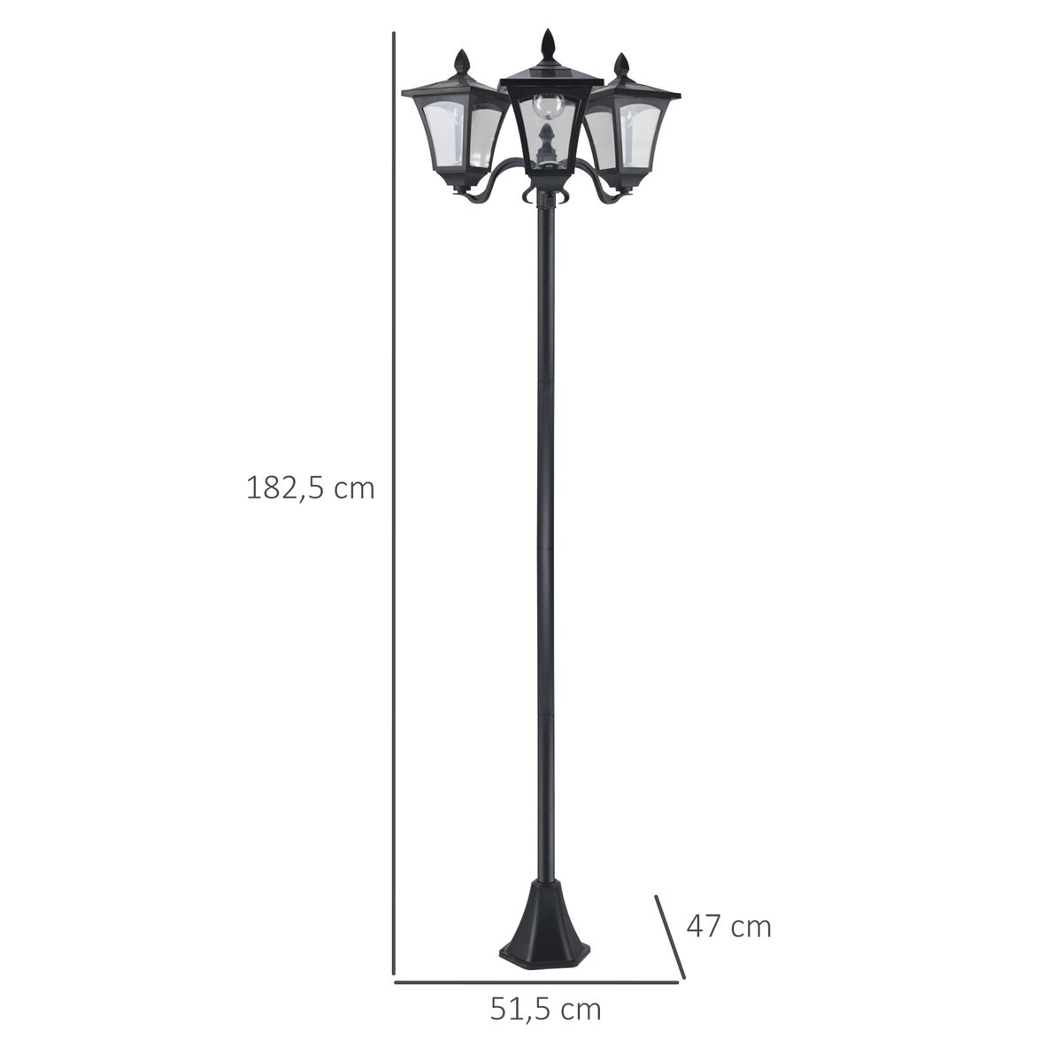 Outsunny Solar Tuinlantaarn, met 3 lampen, LED 120 lumen, 51,5 x 47 x 182,5 cm, roestvrij staal, zwart