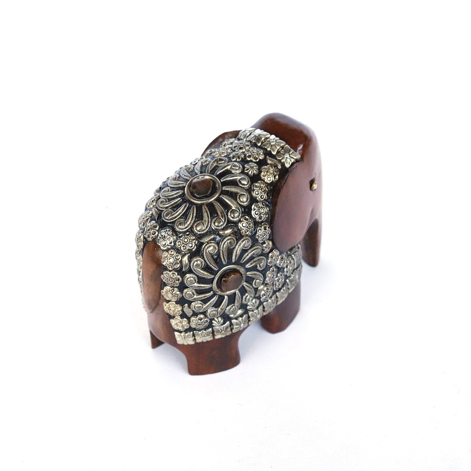 Elefant aus Holz mit Metall- & Steinschmuck, braun, silber, H 10 cm, B 12 cm, T 6 cm von fischer's lagerhaus