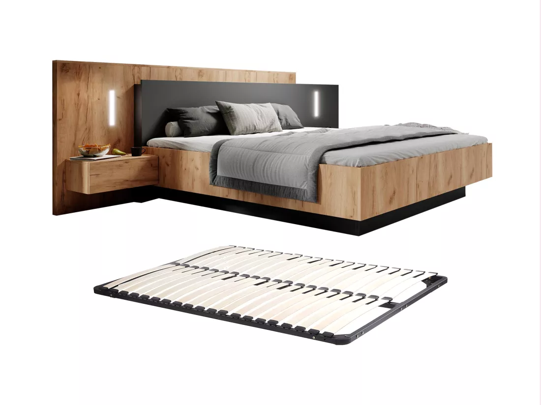 Lit avec chevets 160 x 200 cm - 2 tiroirs - Avec LEDs - Coloris : Naturel et anthracite + Sommier - FRANCOLI