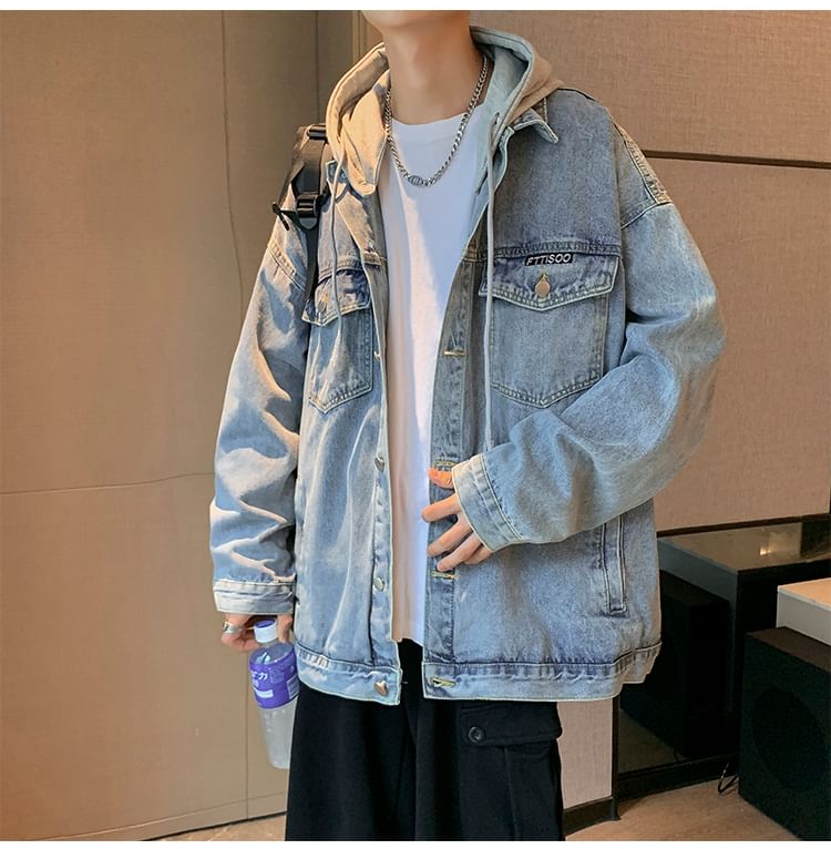 Whyessa - Oversized denim jack met afneembare capuchon en knoopsluiting