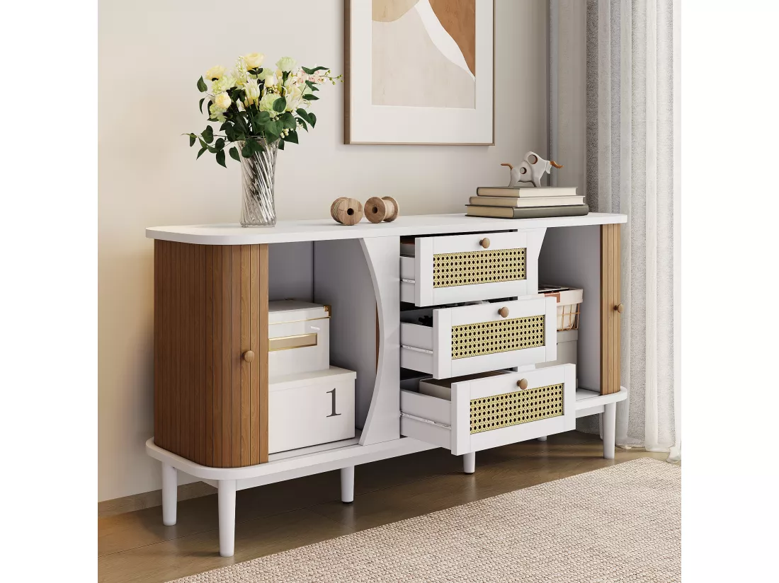 Buffet bas avec 2 portes coulissantes et 3 tiroirs en rotin, commode - 140.5 x 40 x 76 - Panneaux de particules - Blanc et naturel