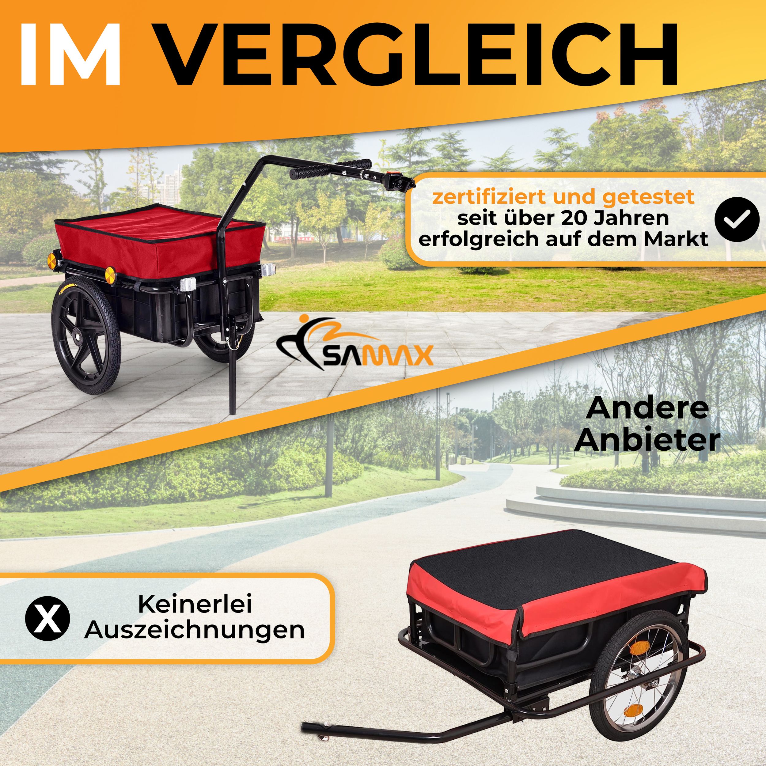 SAMAX Lastenanhänger / Fahrradanhänger für 60 Kg / 70 Liter in Rot