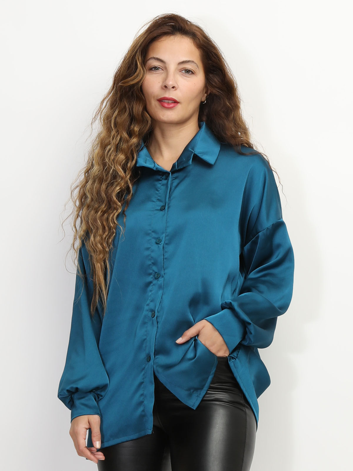 Chemise ample et satinée- Bleu