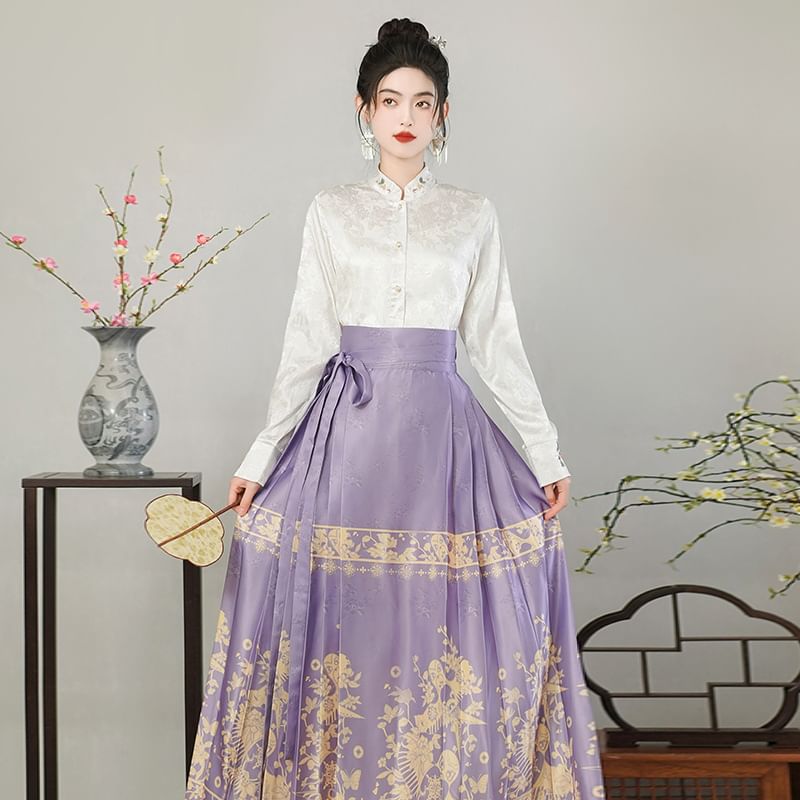 Tangier - Blouse met lange mouwen, mandarijnkraag en bloemenborduursel / Maxi-rok met hoge taille en print
