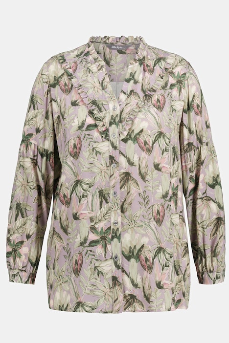 Bluse, Blüten, Stehkragen, Rüsche, Langarm, Krepp