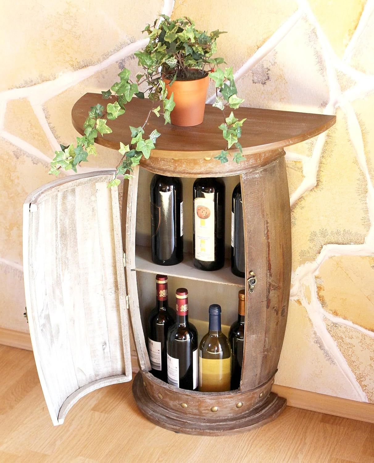 DanDiBo Wandtisch halbrund Tisch Weinregal Weinfass 0373-R Braun Schrank Fass aus Holz 73 cm Beistelltisch Konsole Wandkonsole Bar