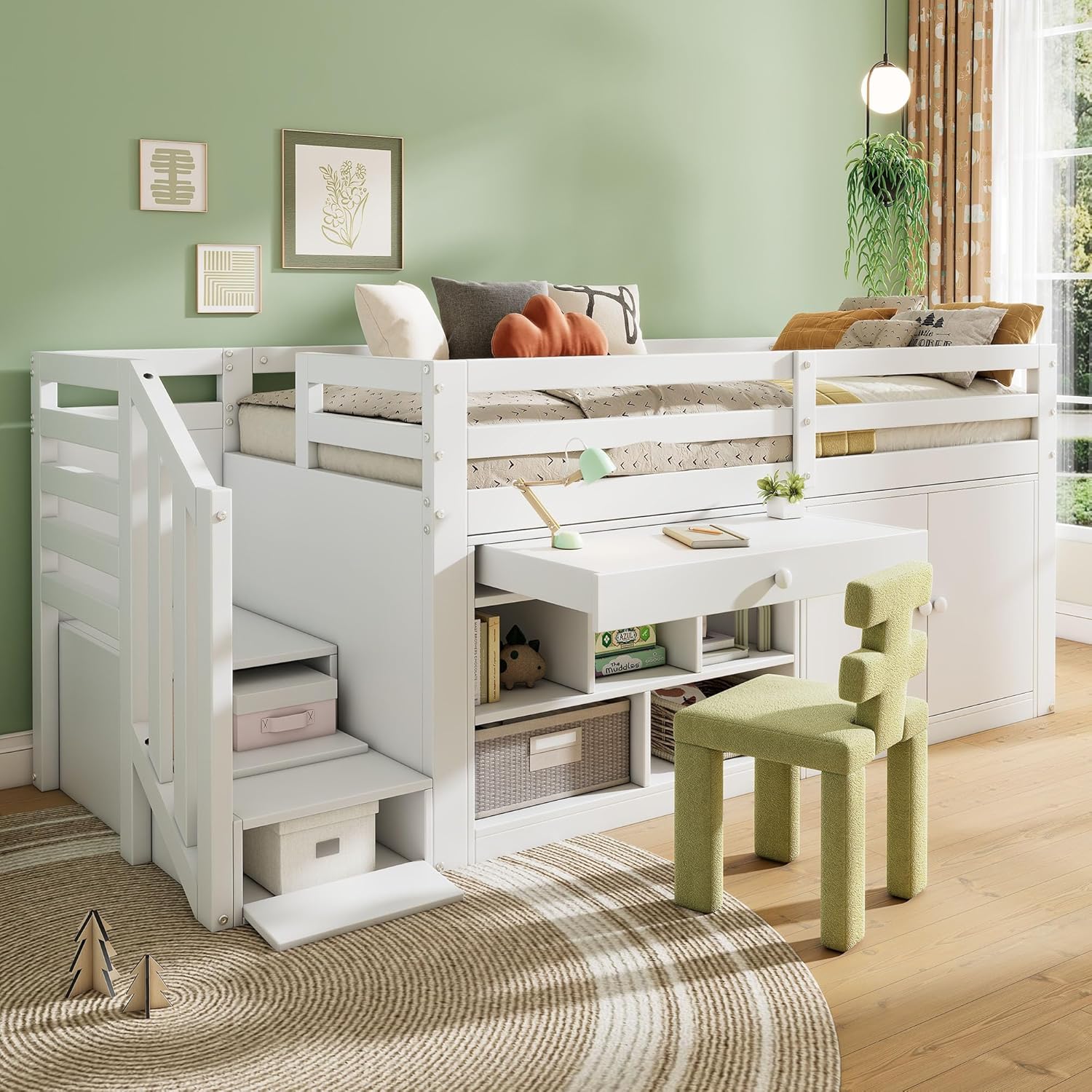 Kinderbett 90x200 Einzelbett, Hochbett mit Stauschrank, Schreibtisch und Treppe, Regal & Schubladen & Schließfach, Holzbett Stauraumbett Funktionsbett Jugendhochbett mit Lattenrost,Ohne Matratze,Weiß