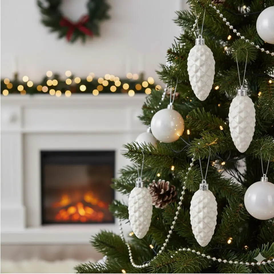Christmas goods Kersthangers - 6x - dennenappels - wit - 9 cm