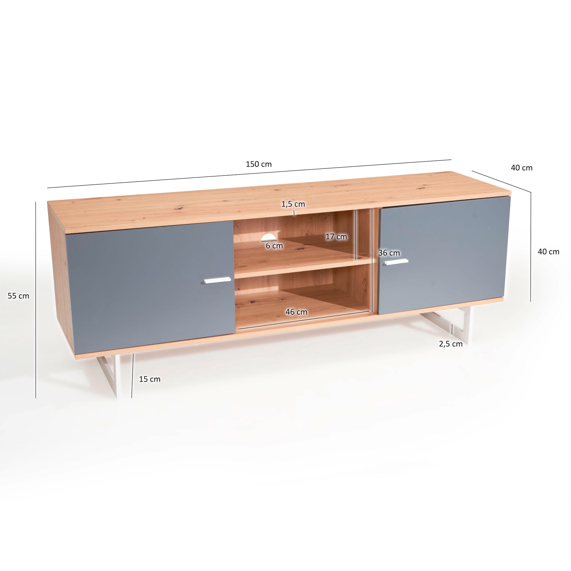 Lowboard 150 x 55 cm Eiche-Dekor/Grau