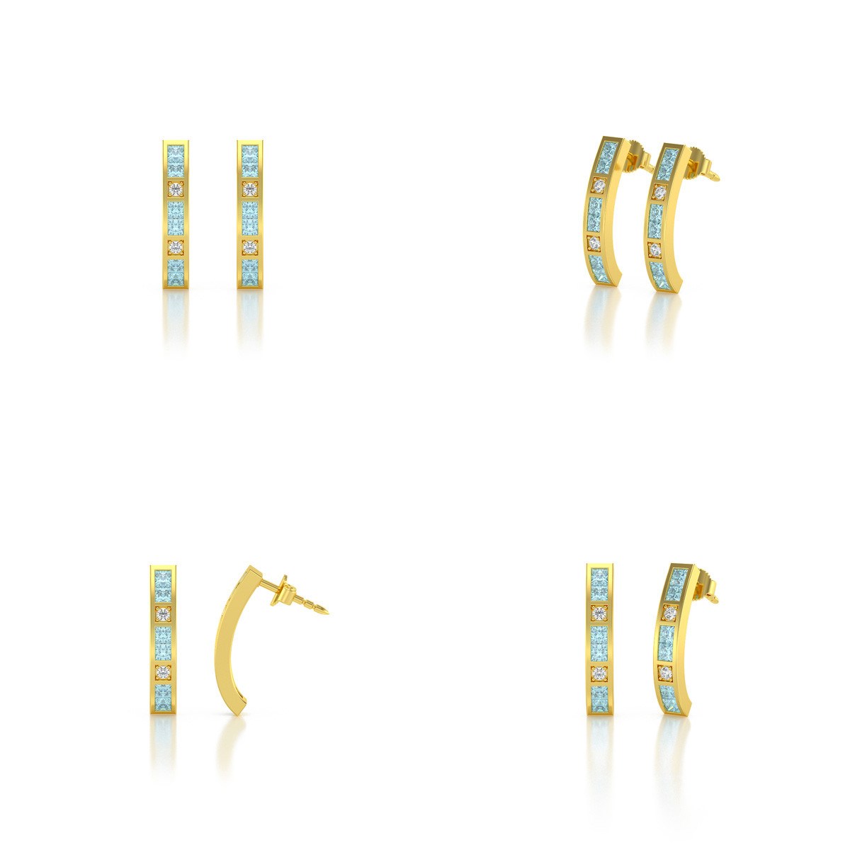 Boucles d'oreilles ADEN Or 585 Jaune Aigue-Marine et Diamants 2.40grs