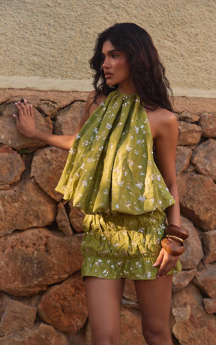 Vert Mini-jupe Froncée À Sequins Texturés Co-ord