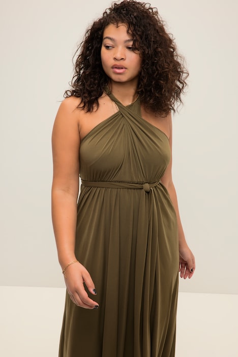 Jersey-Wickelkleid, Maxilänge, Rock in A-Line, ärmellos